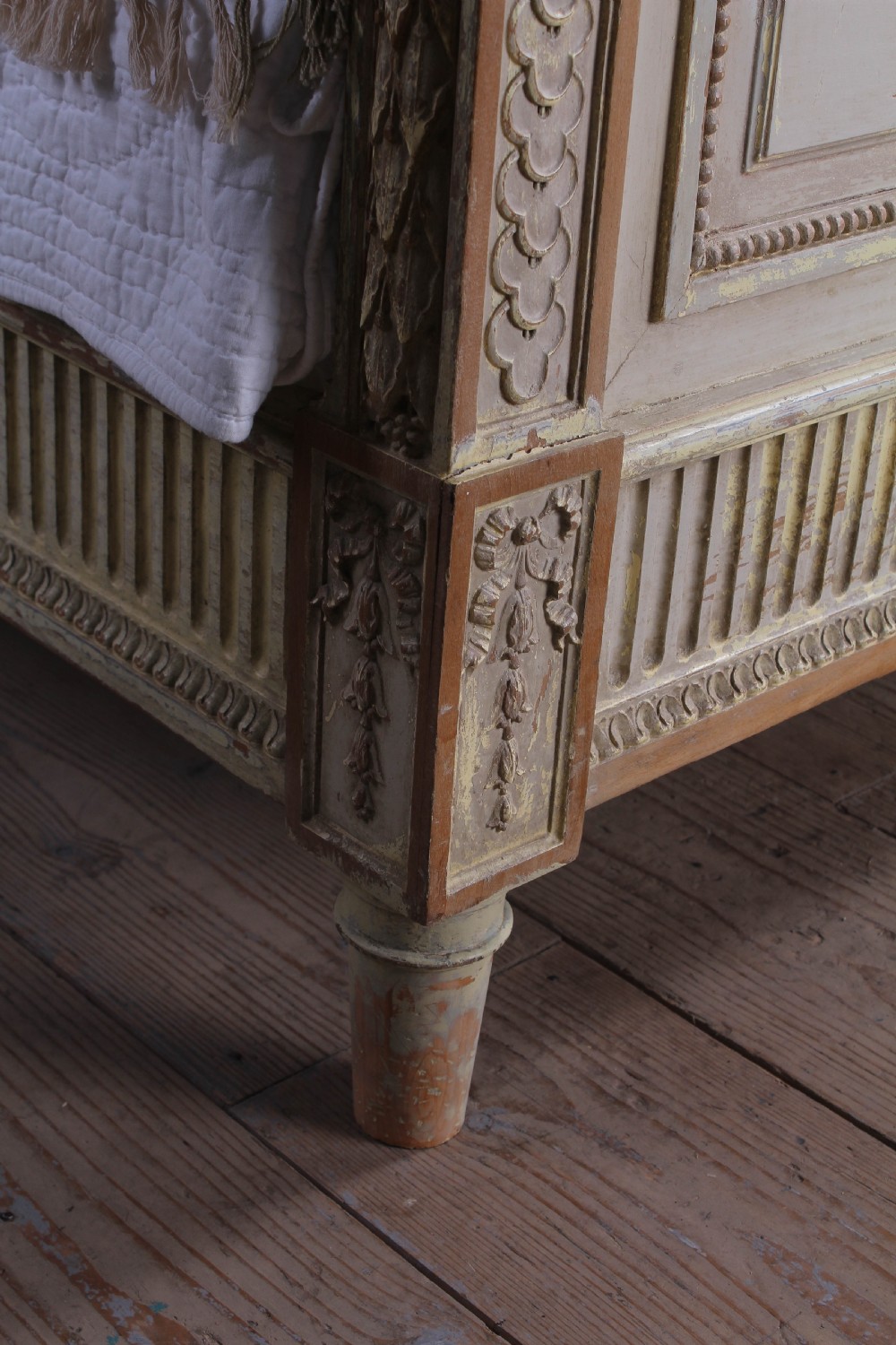 Spectacular Empire size original French carved painted joined bed. View V