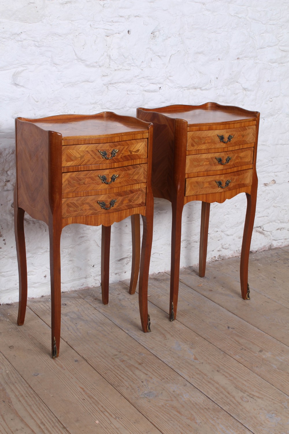 Very pretty pair of French walnut marquetry bedsides View II