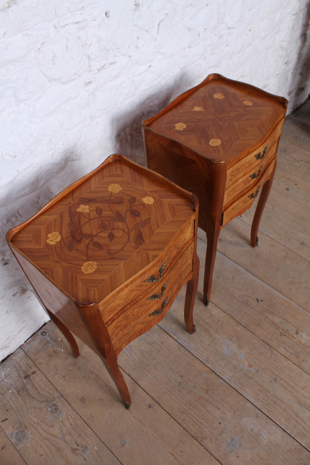 Very pretty pair of French walnut marquetry bedsides View III