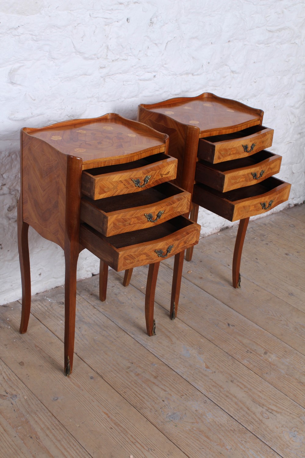 Very pretty pair of French walnut marquetry bedsides View V