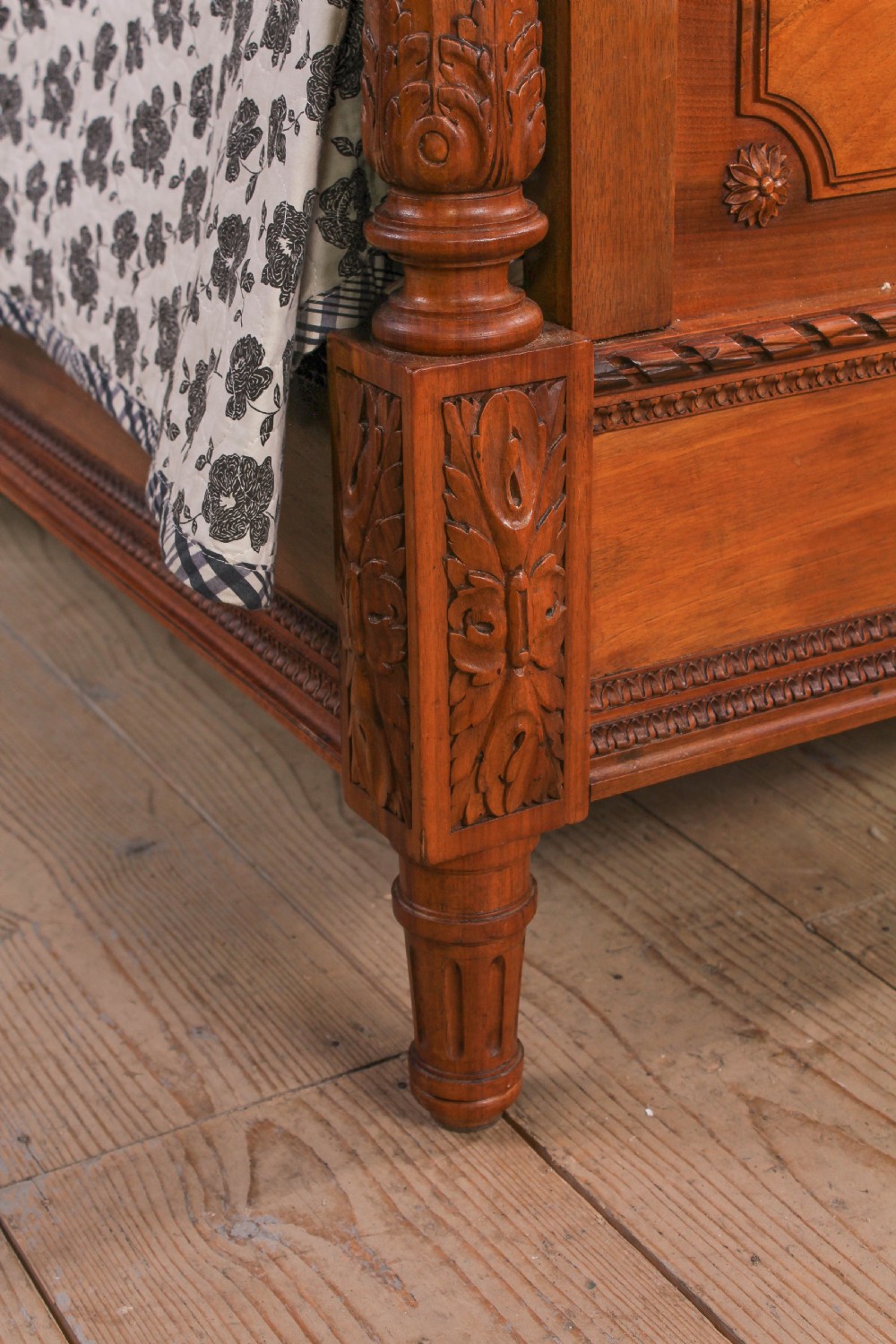 Impressive and beautiful large king size carved walnut bed and matching bedsides. View V