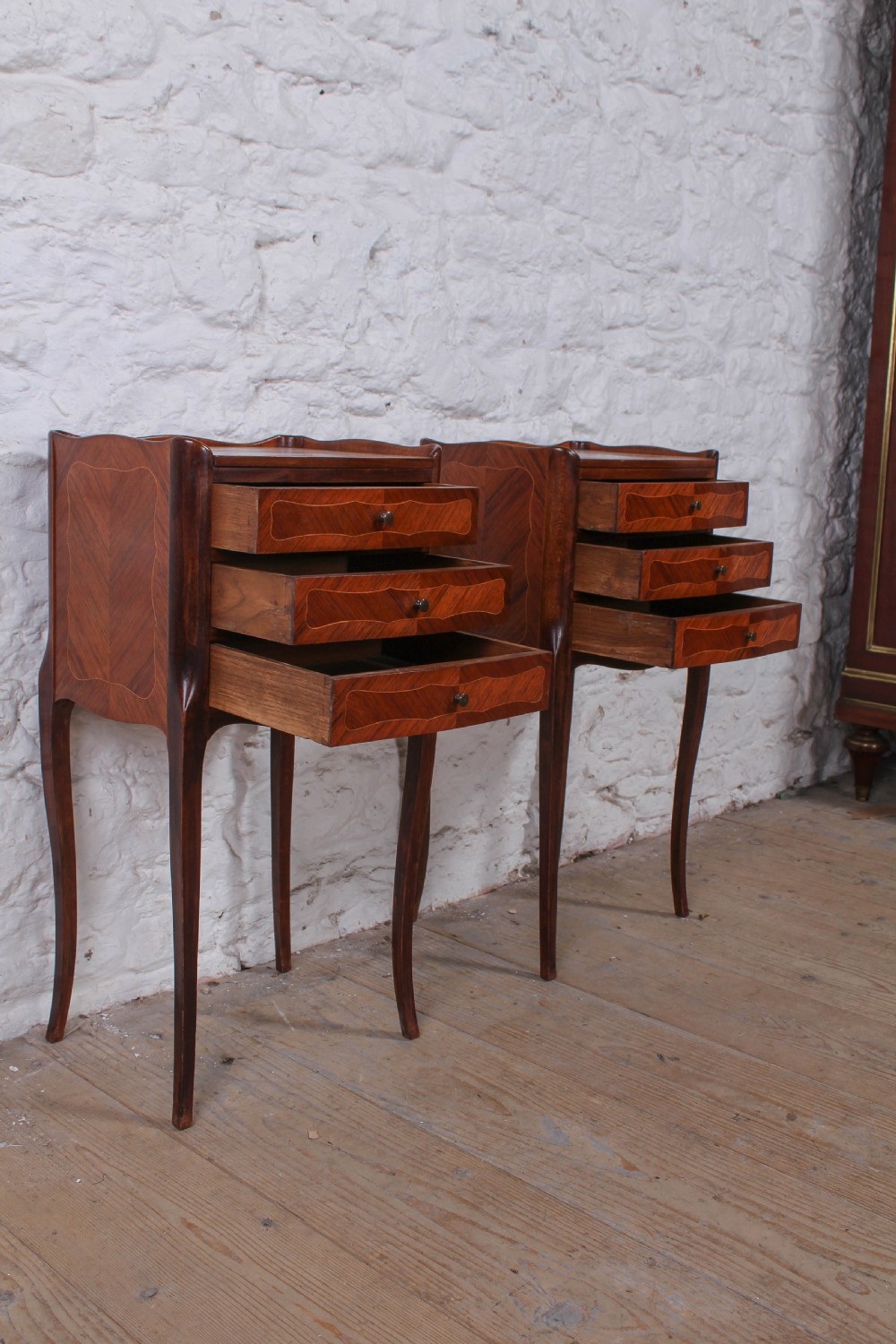 Pretty pair of three drawer French fruitwood bedsides View II