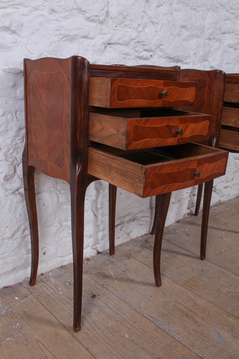 Pretty pair of three drawer French fruitwood bedsides View III
