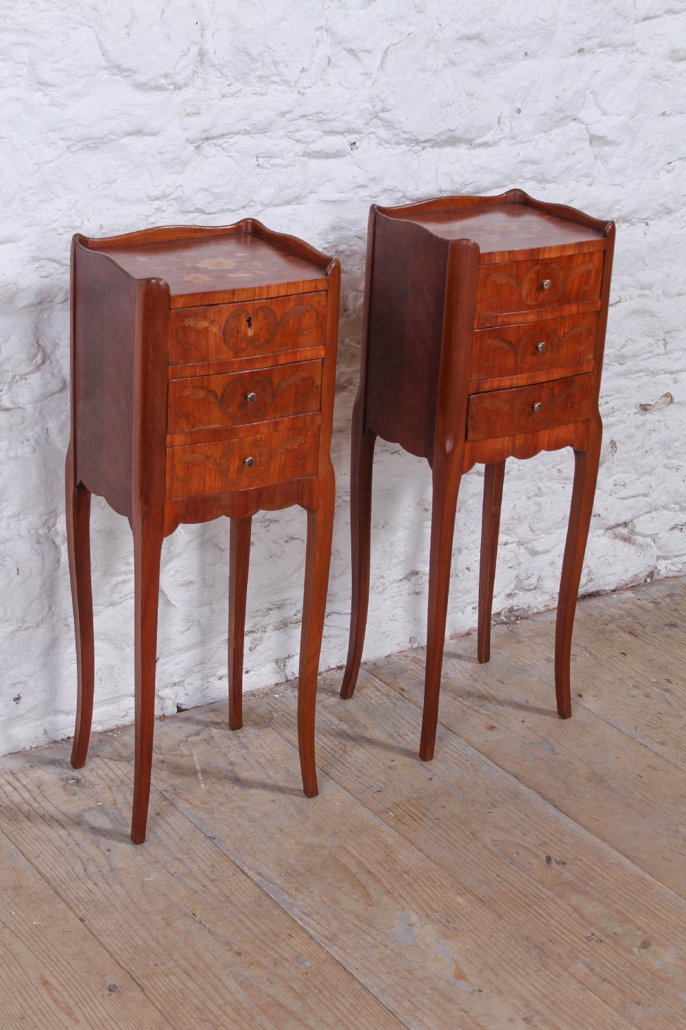 Pretty little pair of marquetry bedsides