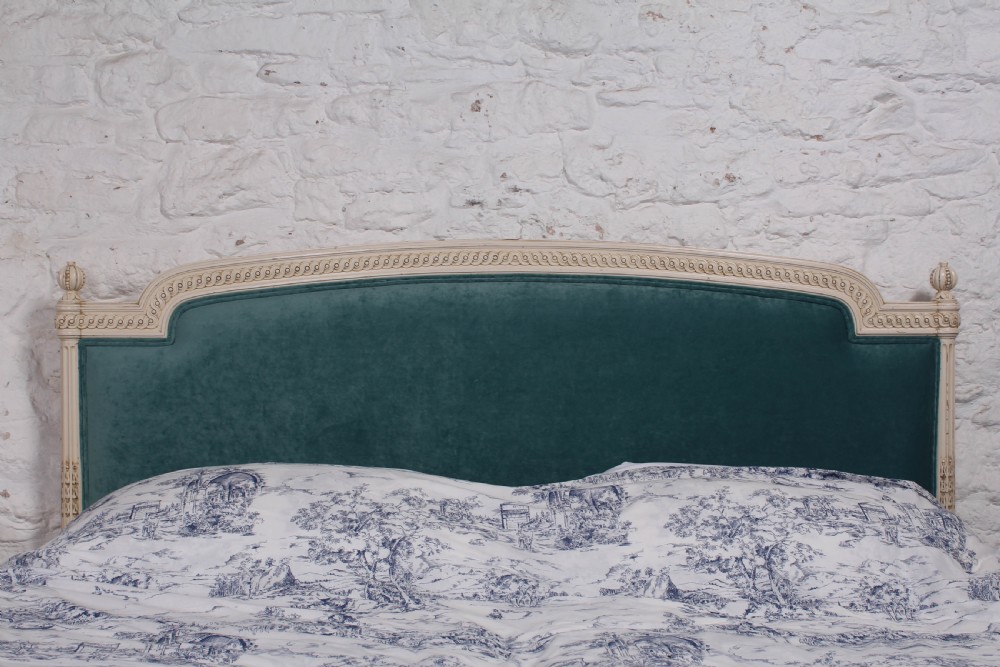 Handsome carved French super king size upholstered bed View IV