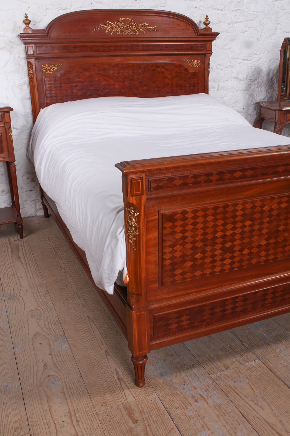 Very attractive parquetry and ormalu double bed and matching bedside View IV