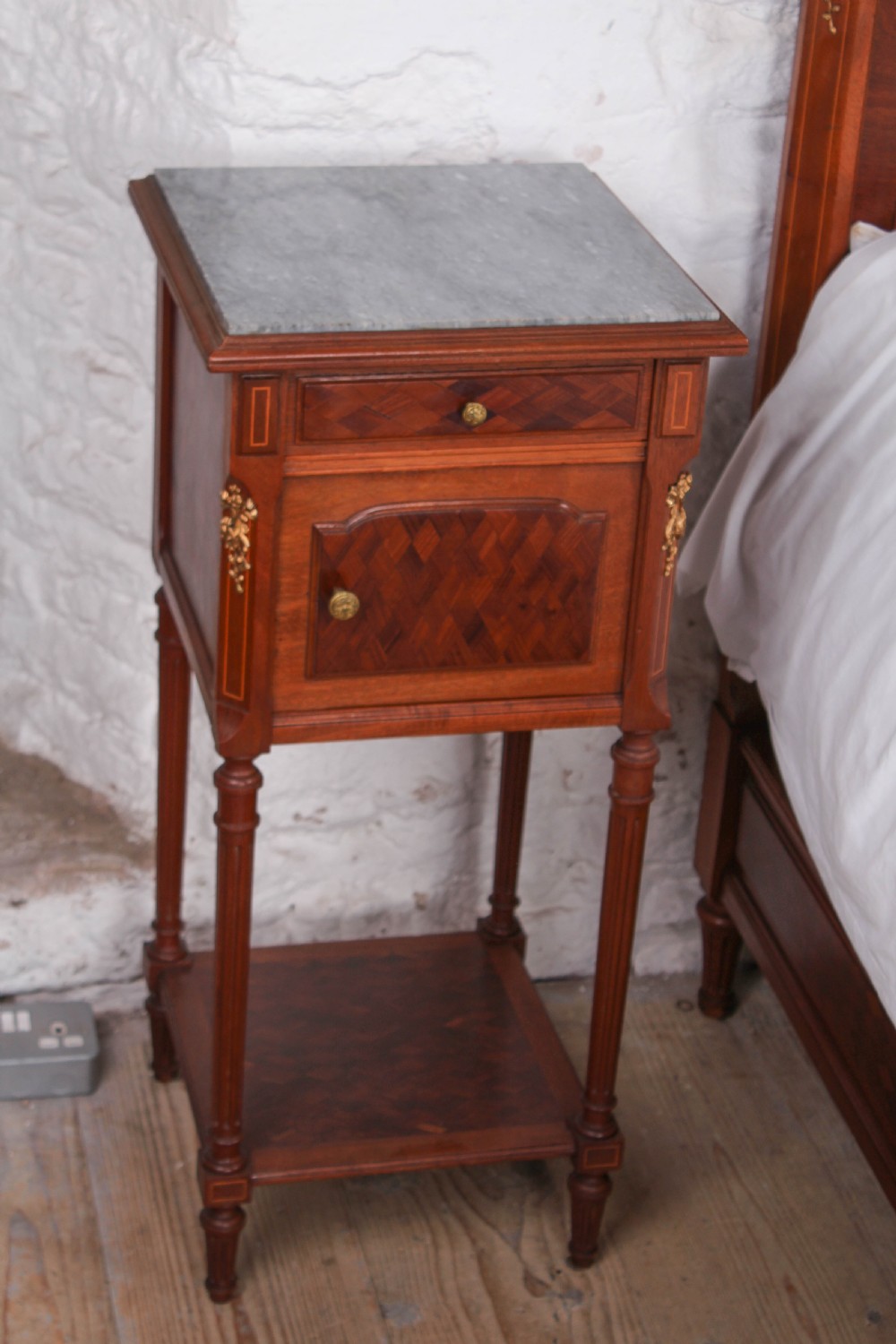 Very attractive parquetry and ormalu double bed and matching bedside View VIII