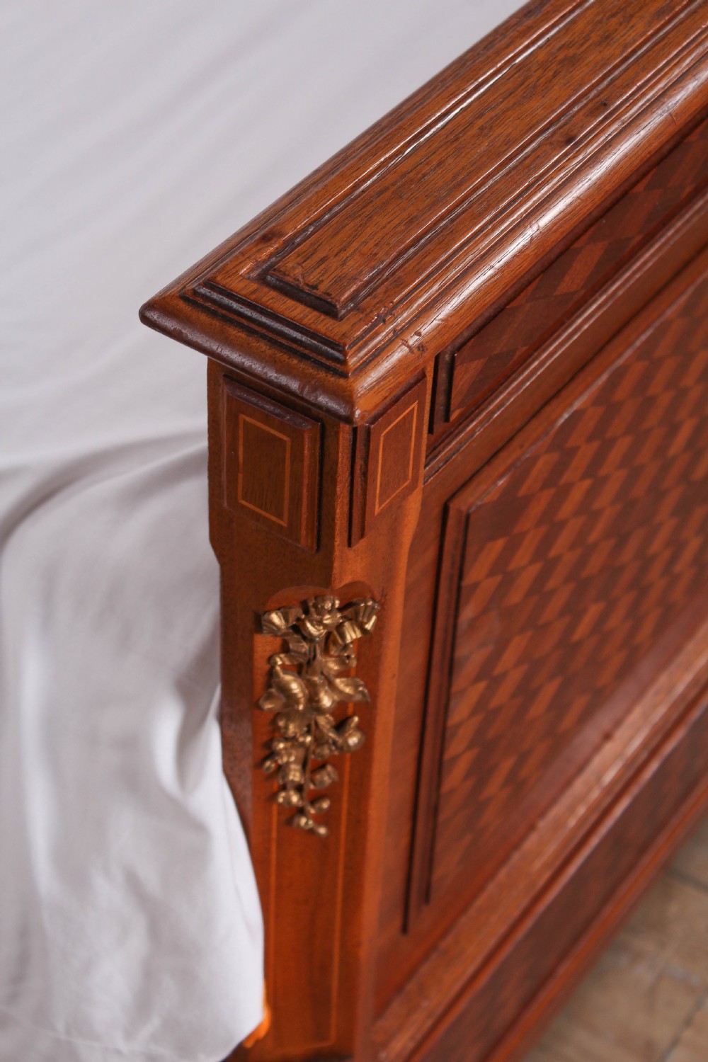 Very attractive parquetry and ormalu double bed and matching bedside View XI