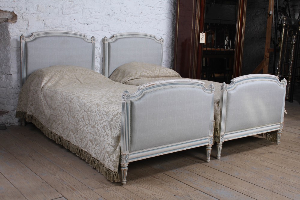 Pretty pair of French newly upholstered beds View II