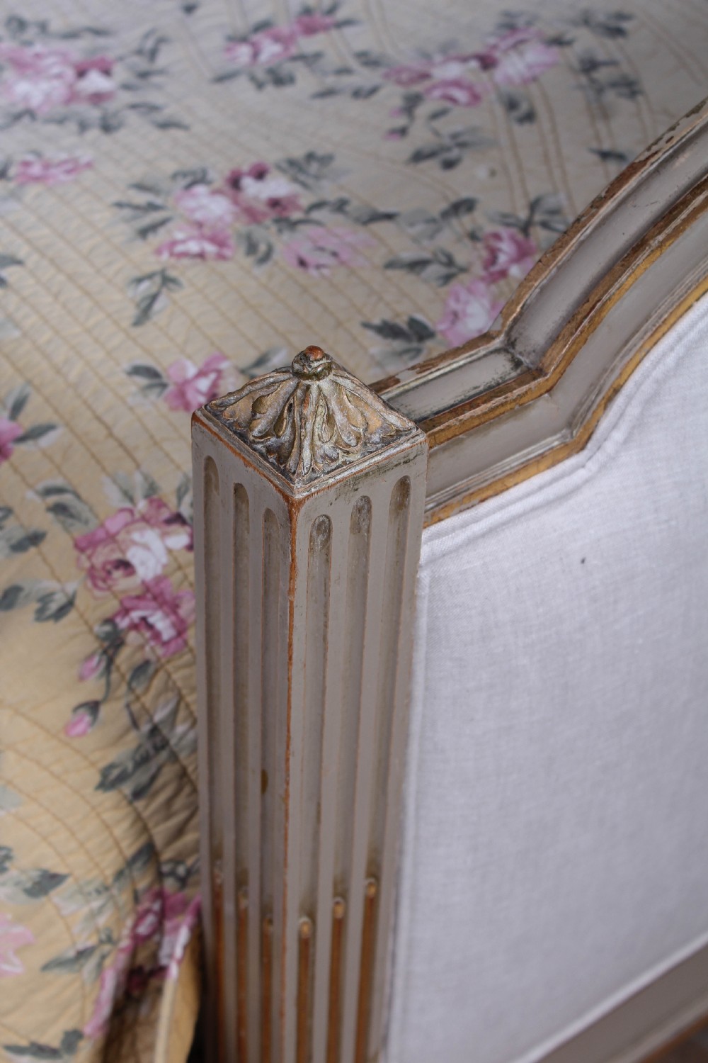 Lovely newly upholstered gilded Louis XVI style king size bed. View V