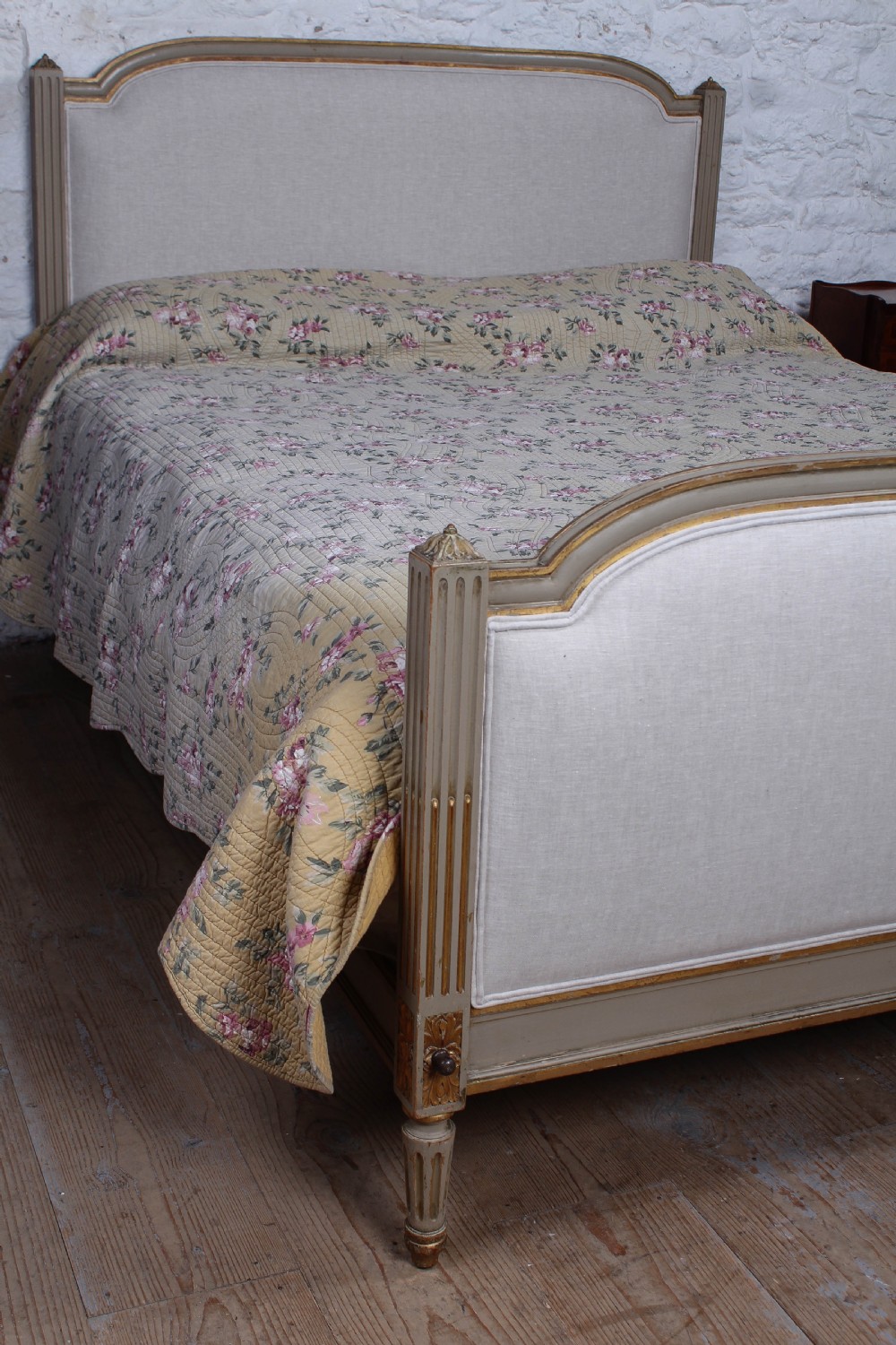 Lovely newly upholstered gilded Louis XVI style king size bed. View VI