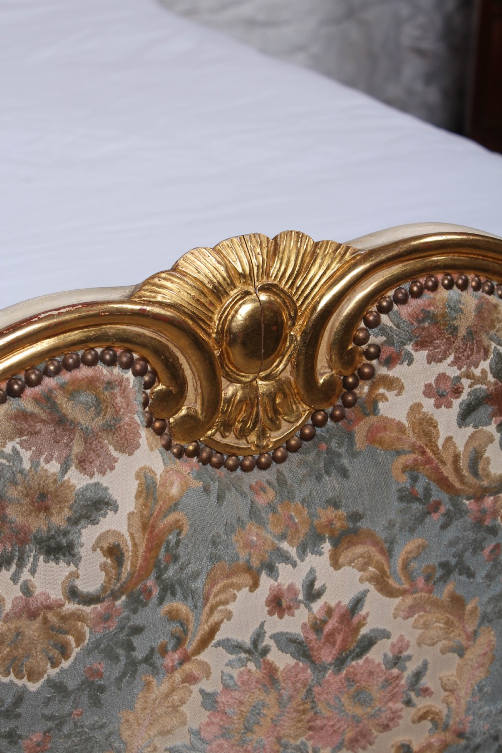 Fabulous Rococo style French upholstered bed with original fabric View V