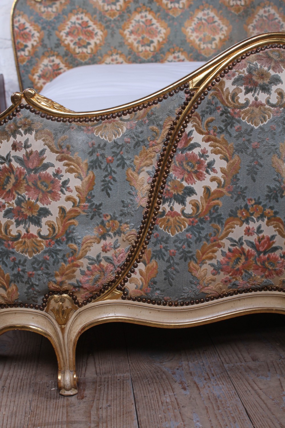 Fabulous Rococo style French upholstered bed with original fabric View VI