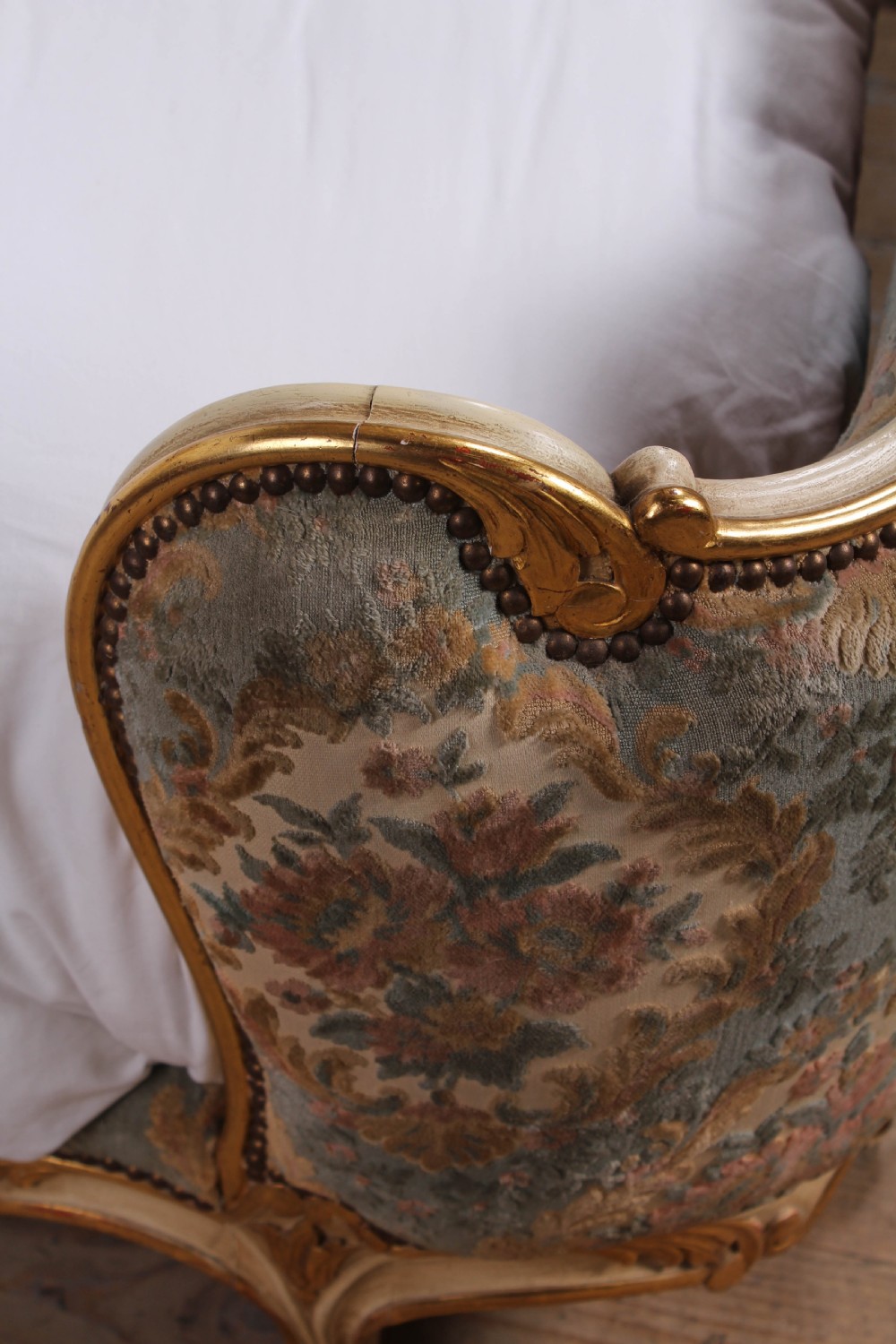 Fabulous Rococo style French upholstered bed with original fabric View VIII