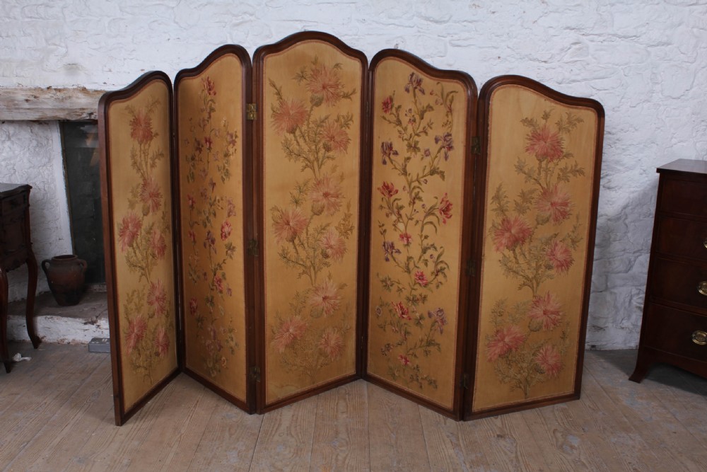 Beautiful old Art Noveau five fold appliqué screen View X