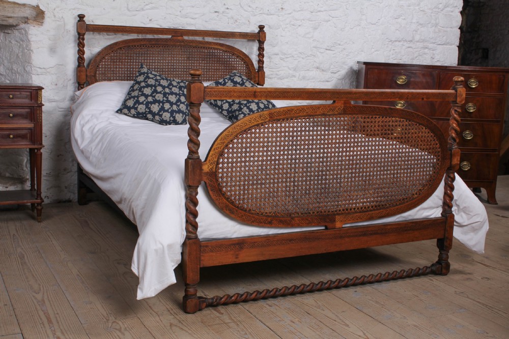 Individual 1930s oak caned double bed 