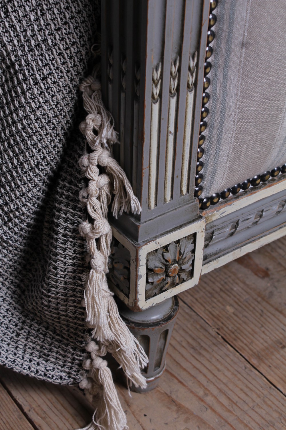 Beautiful newly upholstered Louis XVI style French king size bed View V