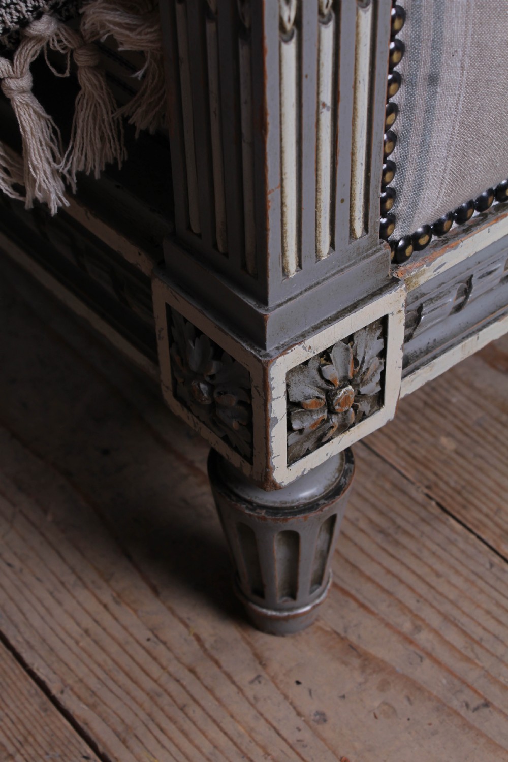 Beautiful newly upholstered Louis XVI style French king size bed View VI