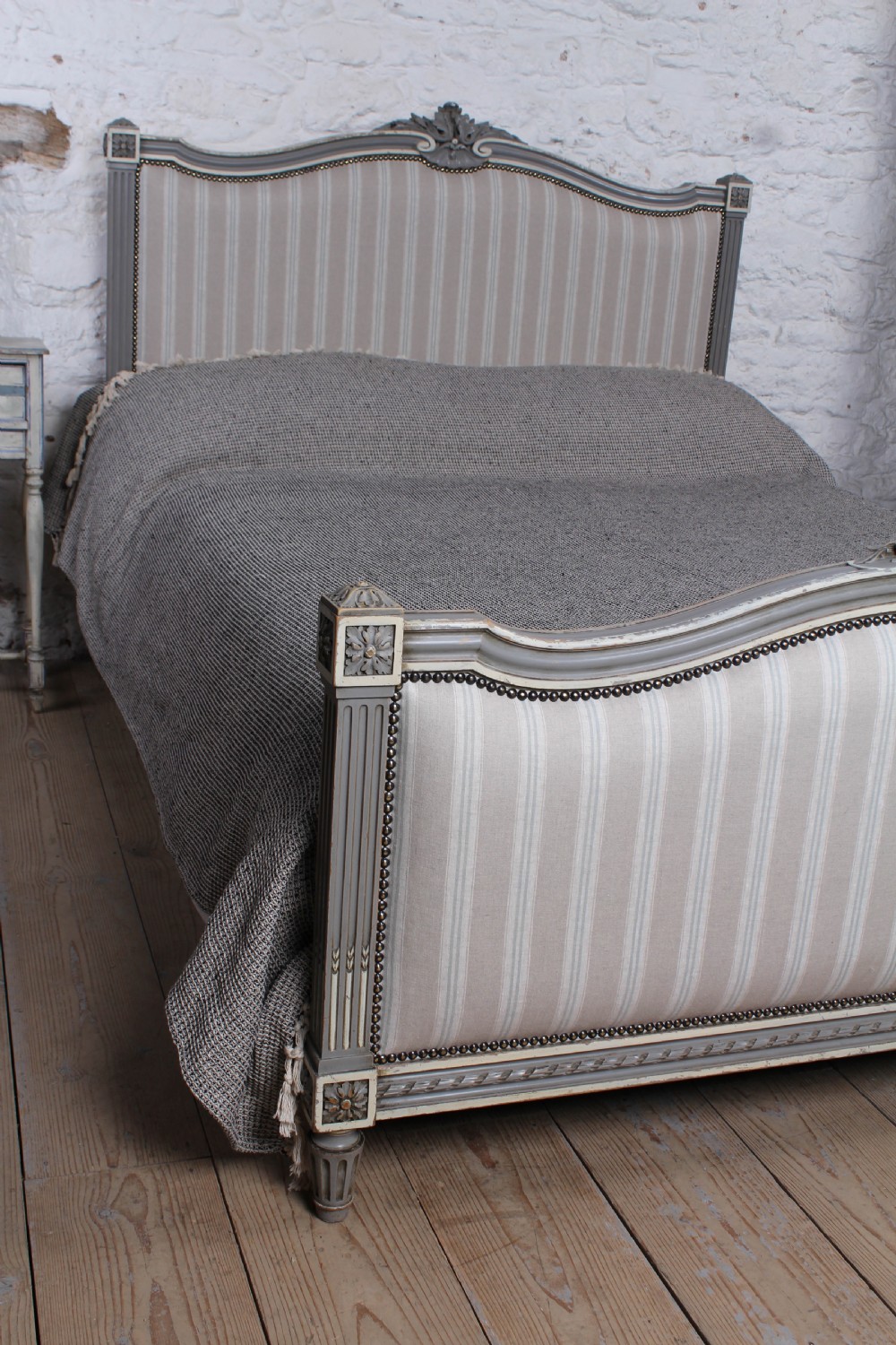 Beautiful newly upholstered Louis XVI style French king size bed View VIII