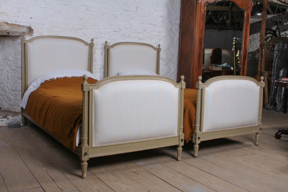 Pretty pair of matching French newly upholstered single beds View III