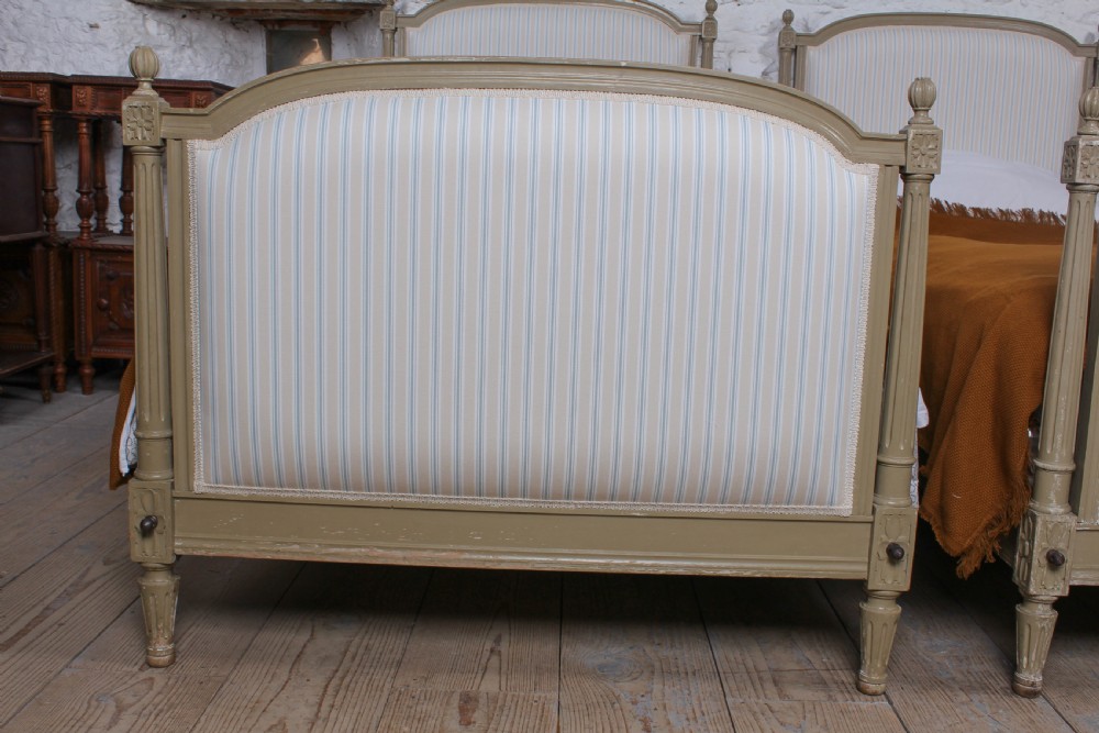 Pretty pair of matching French newly upholstered single beds View IV