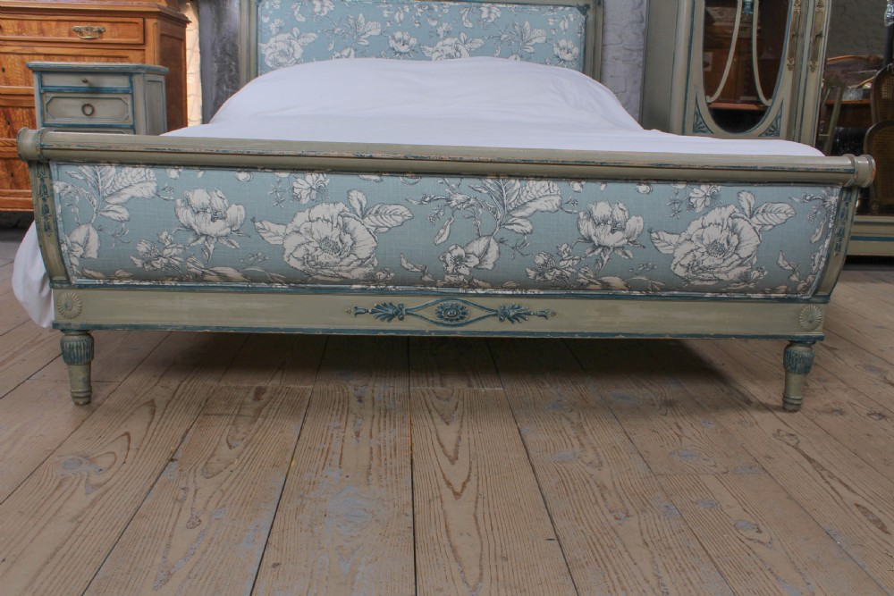 Very pretty original aged paint French bed with matching armoire and bedside View II