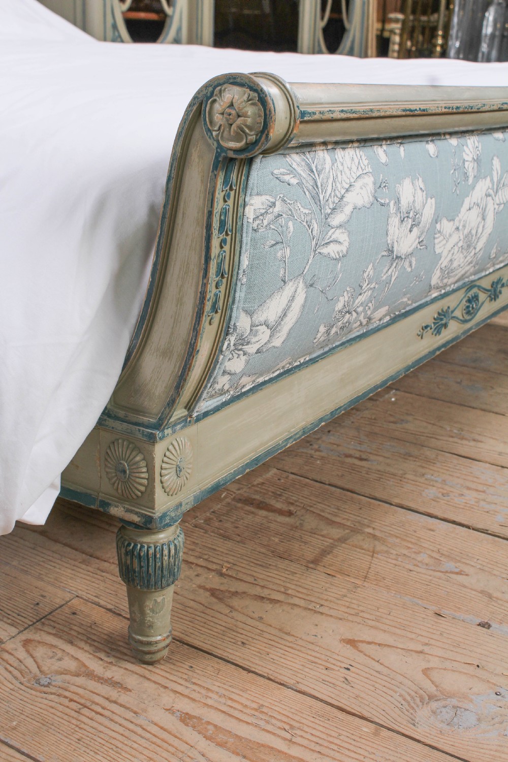 Very pretty original aged paint French bed with matching armoire and bedside View IV