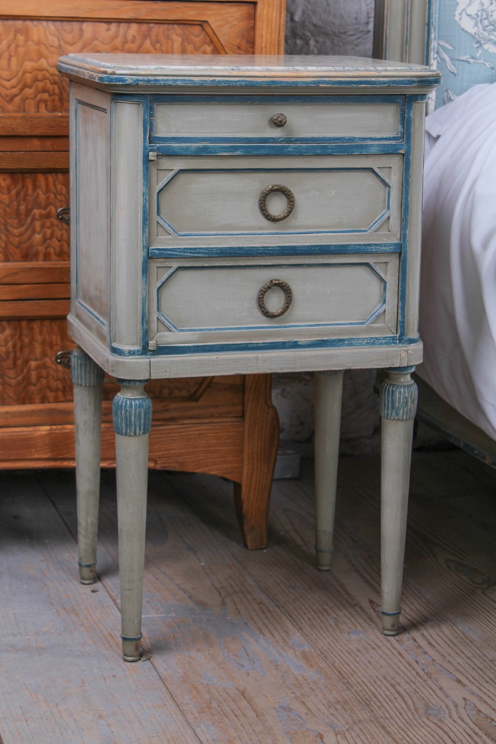 Very pretty original aged paint French bed with matching armoire and bedside View V