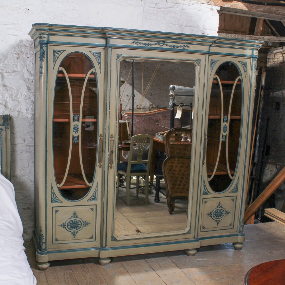 Very pretty original aged paint French bed with matching armoire and bedside View VI