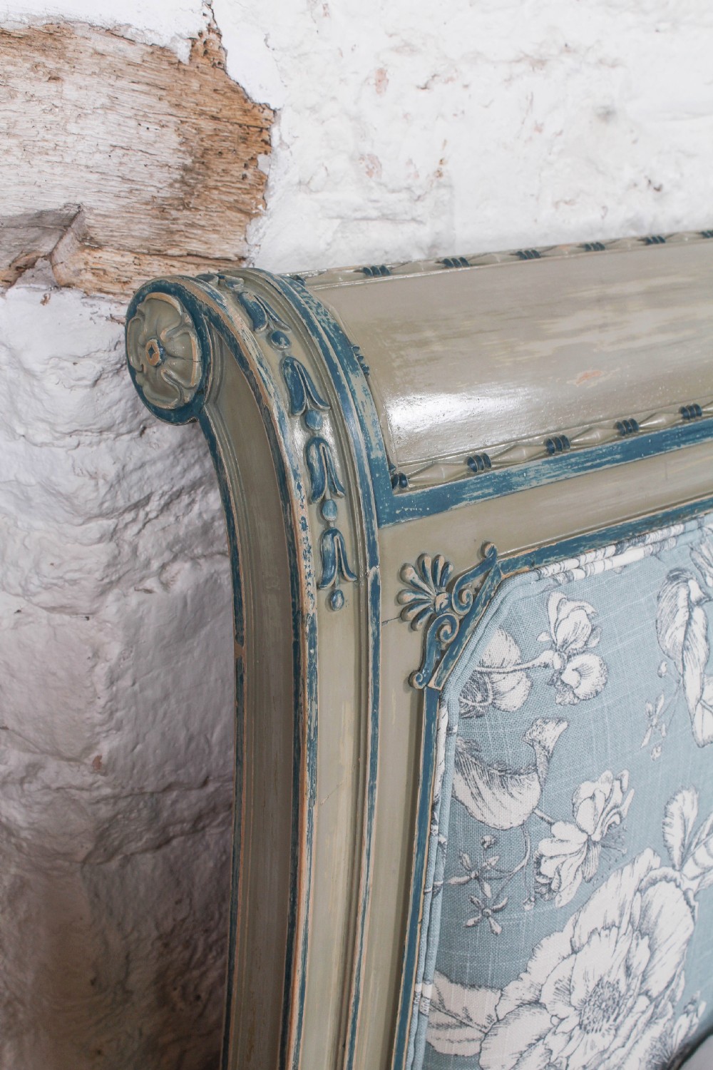 Very pretty original aged paint French bed with matching armoire and bedside View IX
