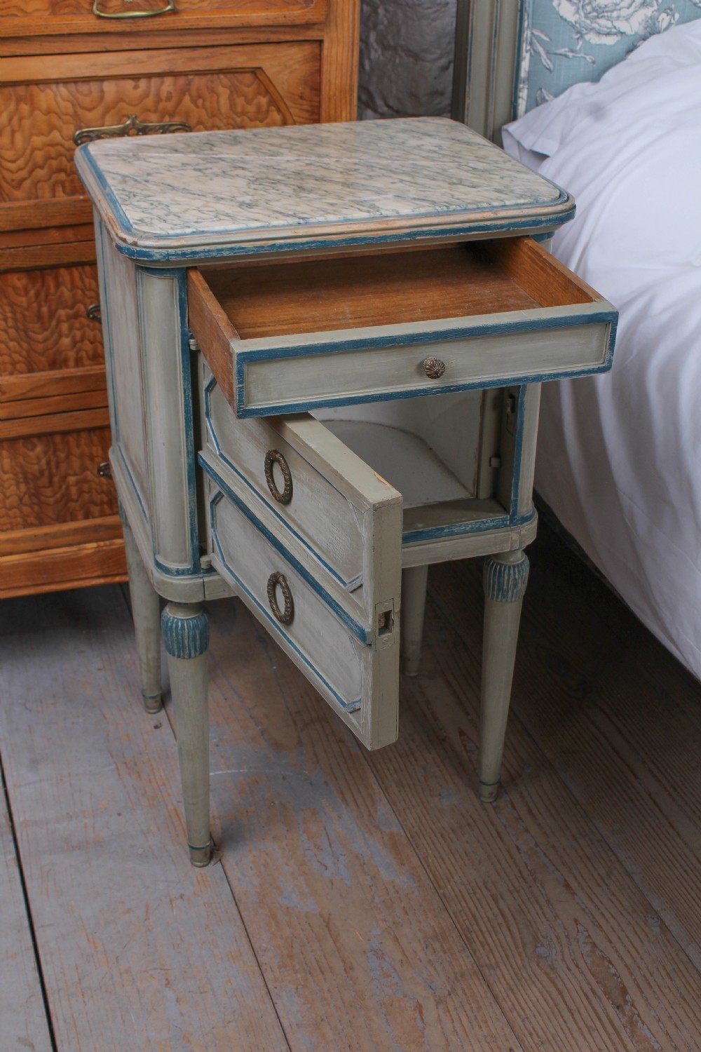 Very pretty original aged paint French bed with matching armoire and bedside View X