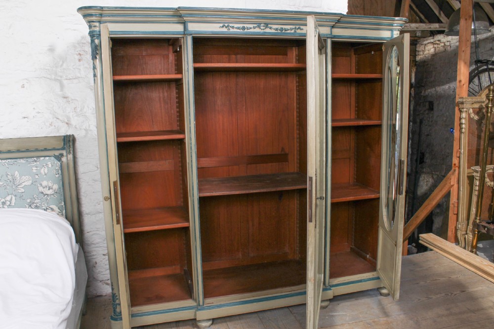 Very pretty original aged paint French bed with matching armoire and bedside View XIII
