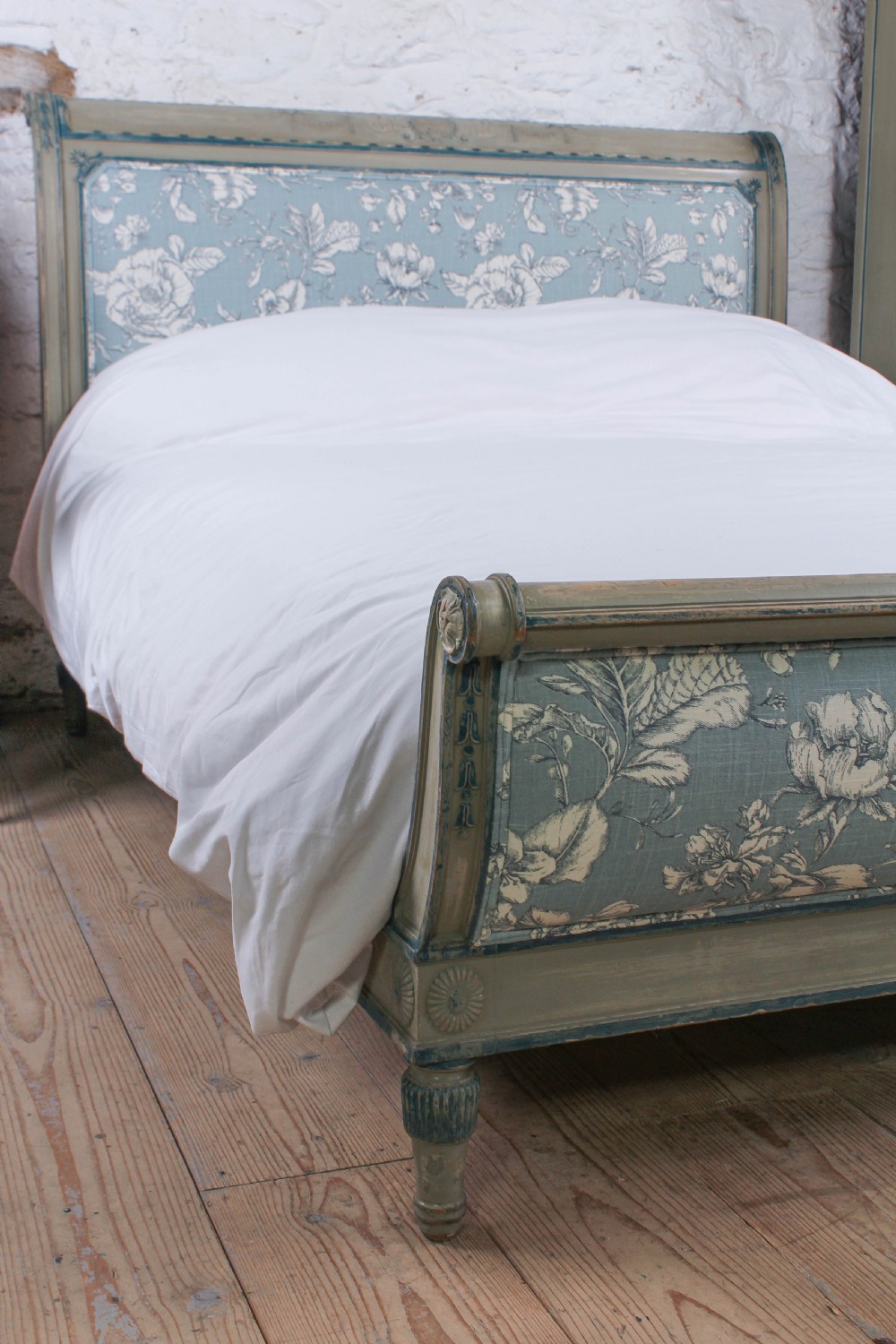 Very pretty original aged paint French bed with matching armoire and bedside View XVI