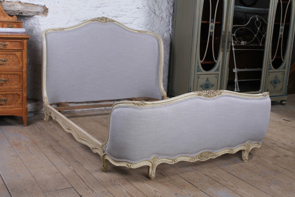 Newly upholstered king size French corbeille style bed