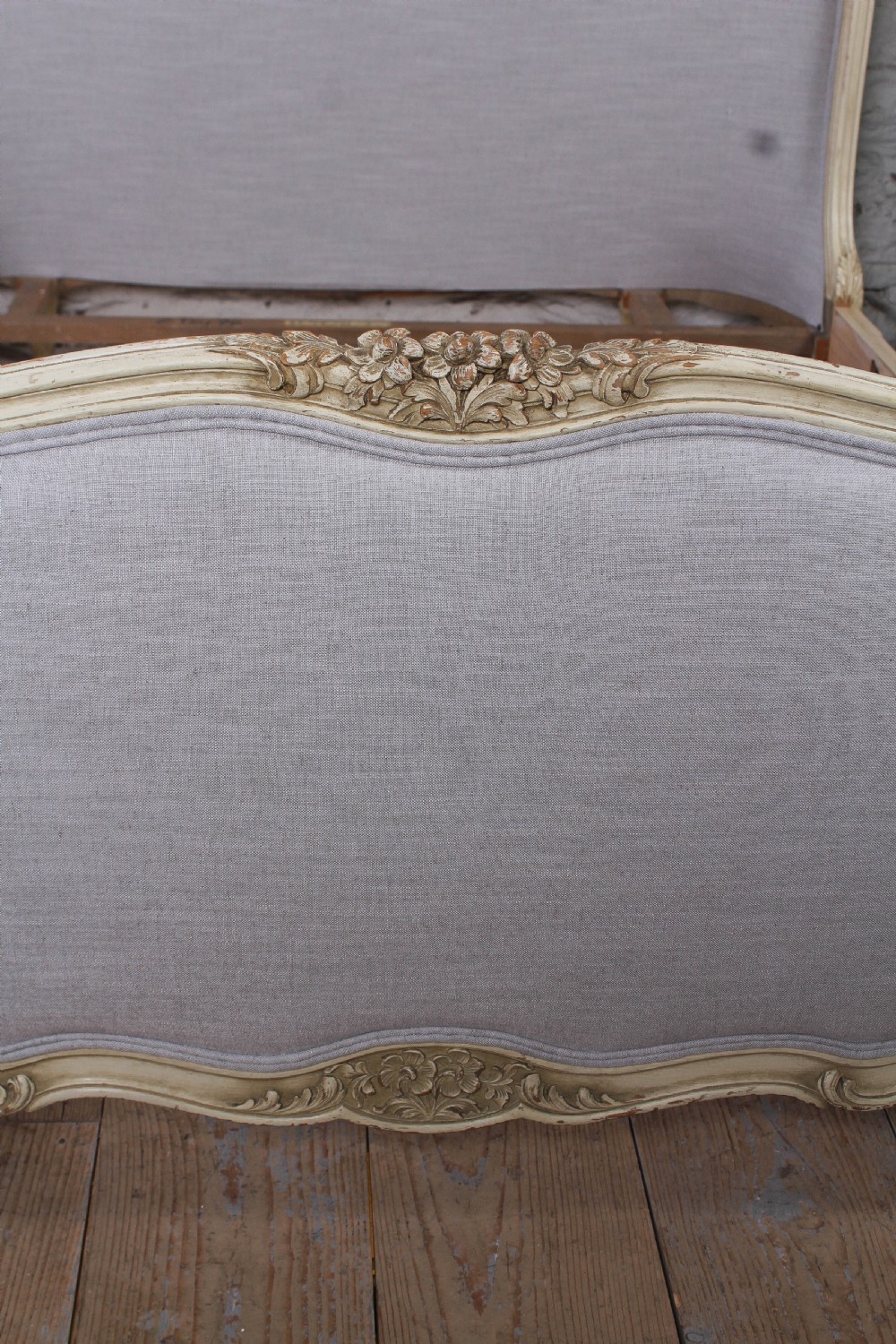 Newly upholstered king size French corbeille style bed View V