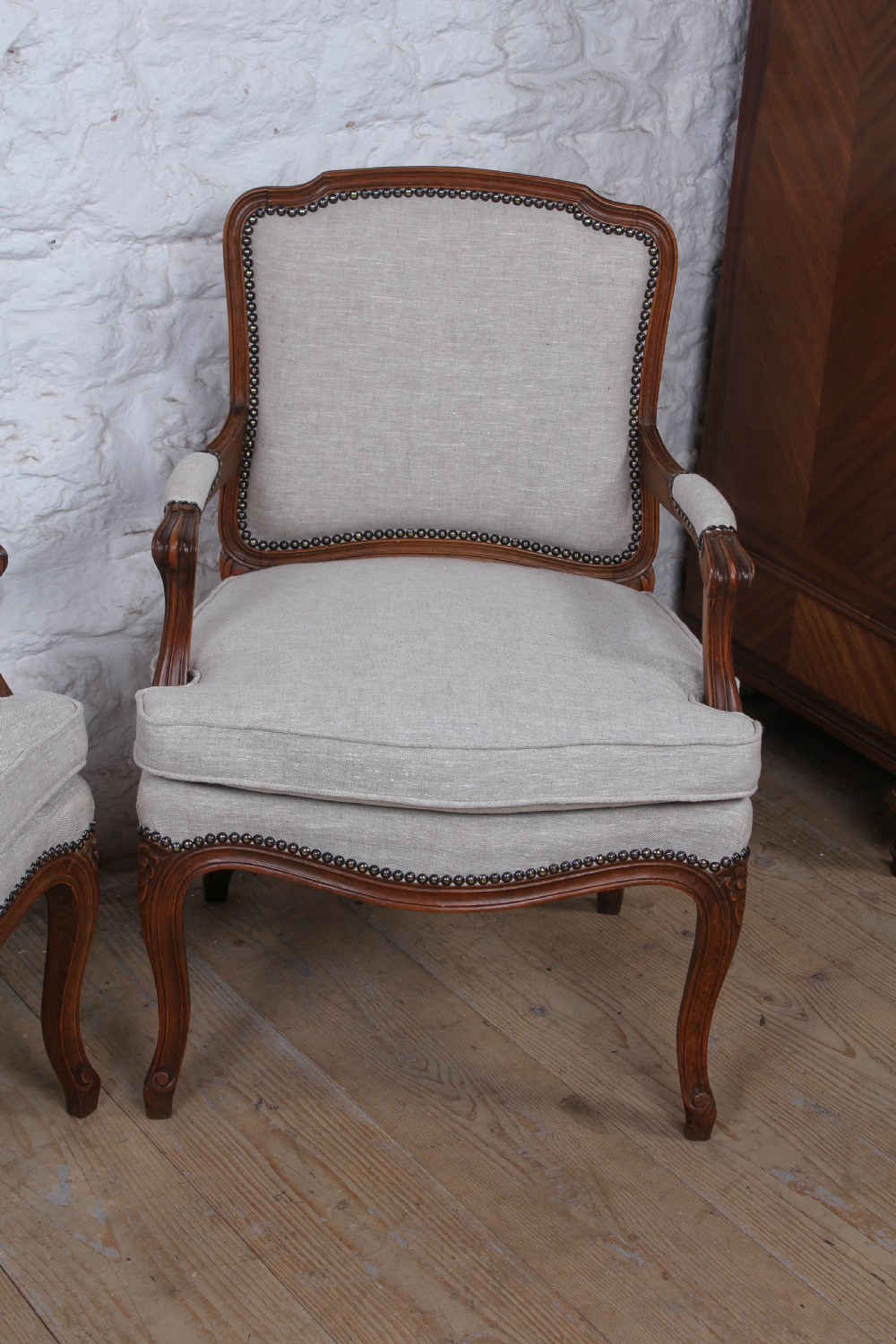 Pretty pair of newly upholstered French salon chairs View II