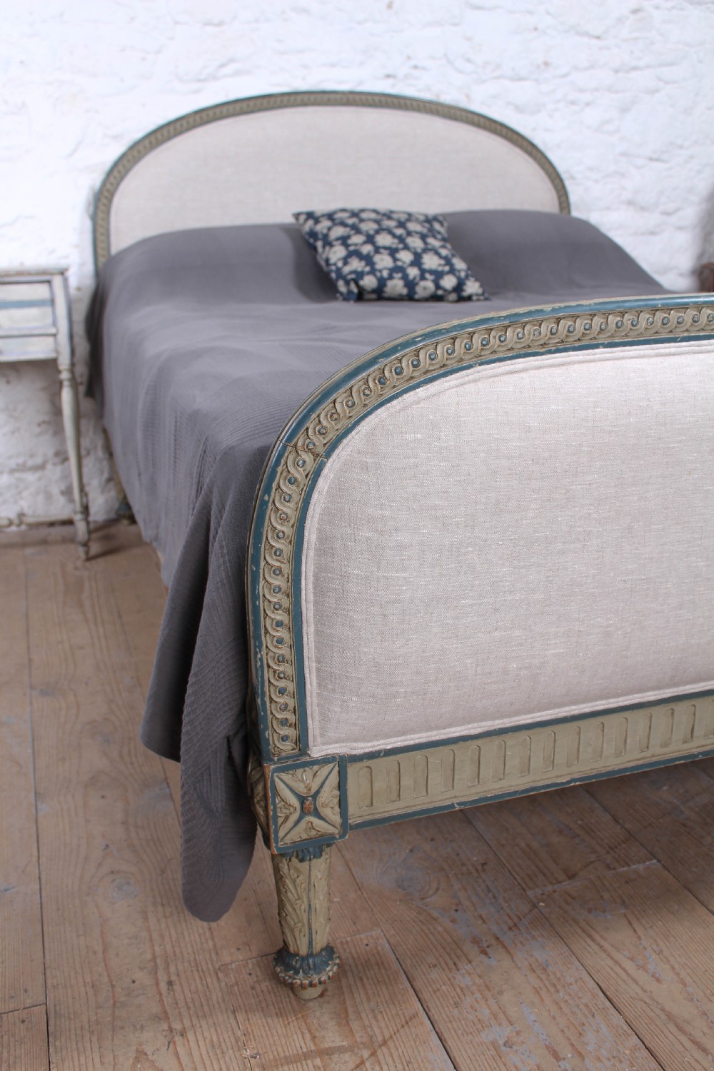 Attractive French upholstered king size bed with carved frame  View V
