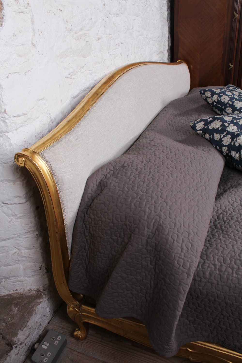 Lovely big rare 2 meter wide newly upholstered Lit Bateau style bed View V