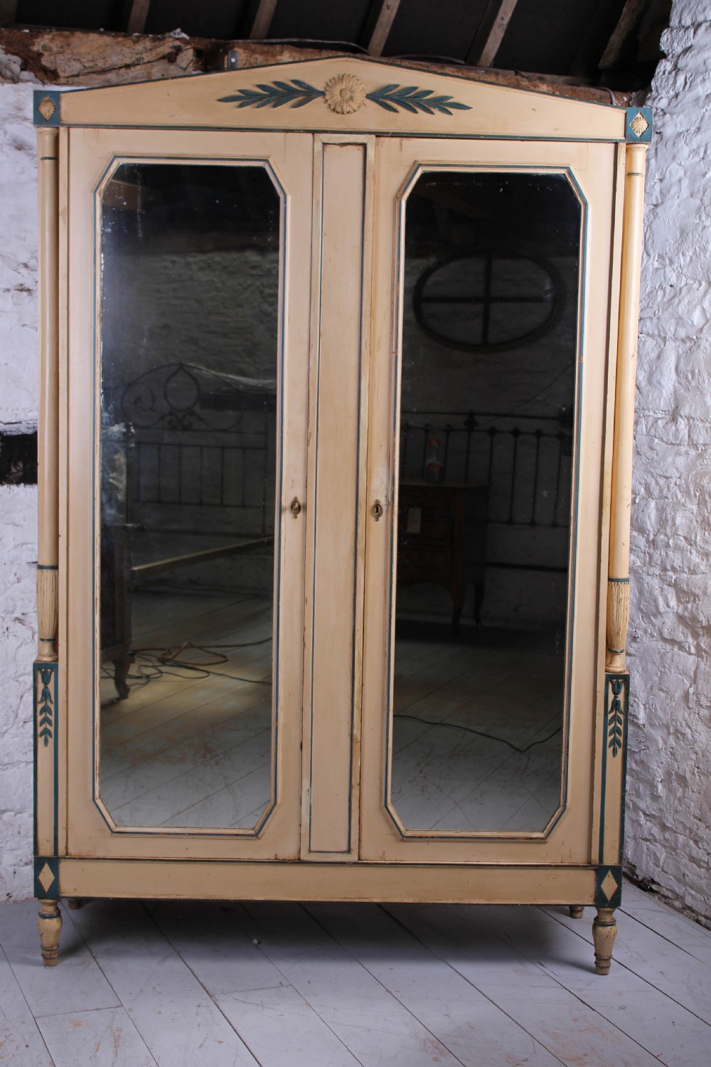 Attractive French painted armoire with mirrored doors