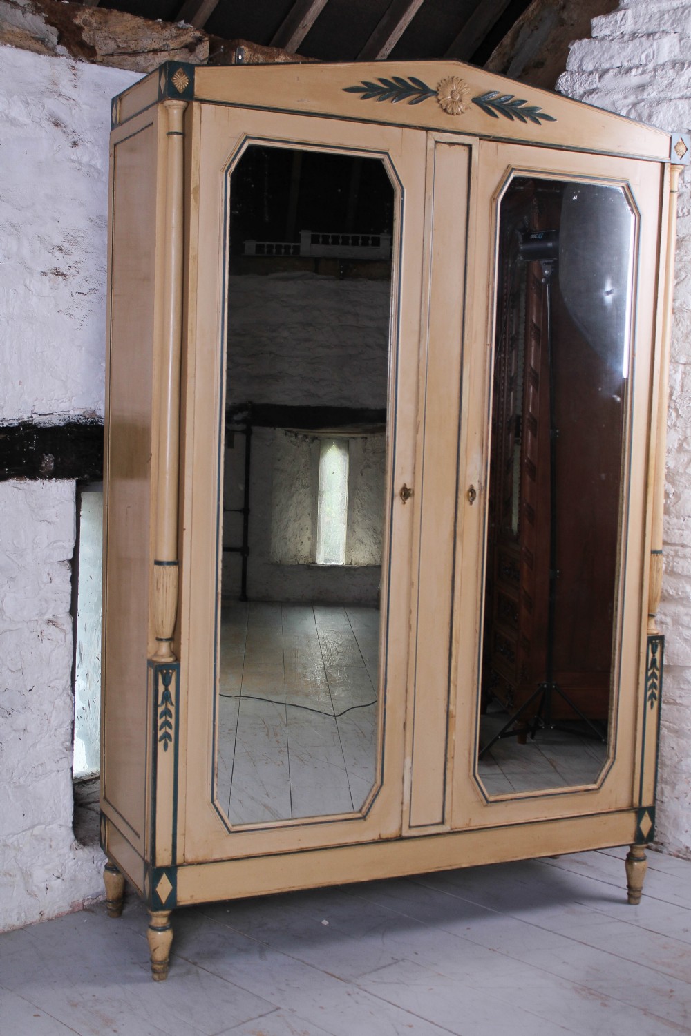 Attractive French painted armoire with mirrored doors View II