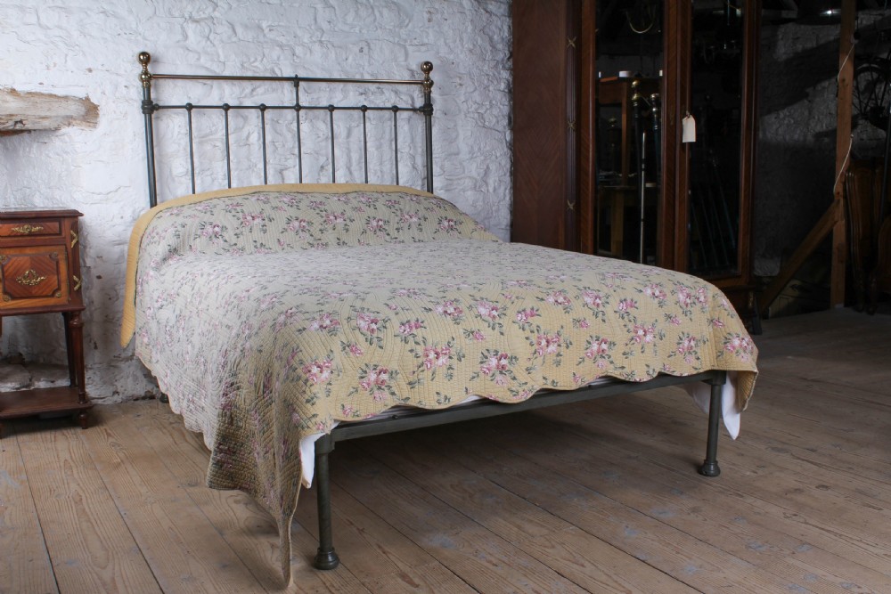 Classic Victorian aged green and brass no end double bed 