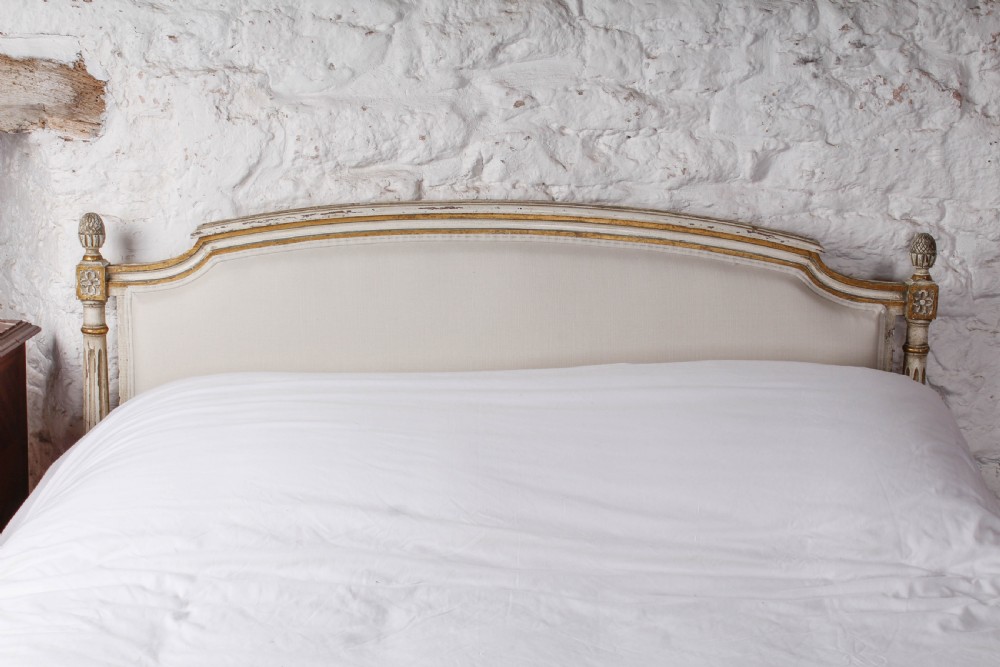 Aged gilded paint work newly upholstered French double bed  View III