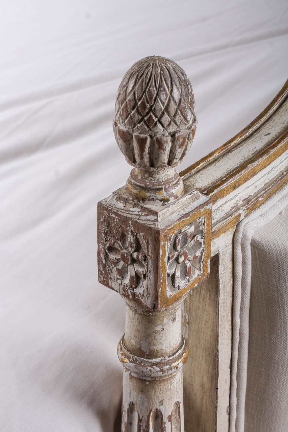 Aged gilded paint work newly upholstered French double bed  View IV