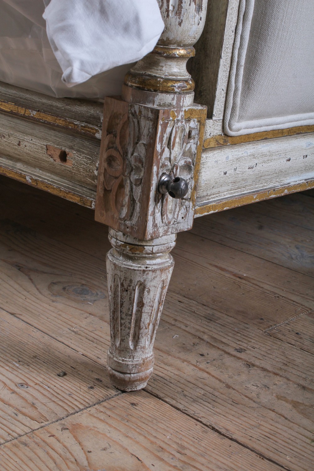 Aged gilded paint work newly upholstered French double bed  View V