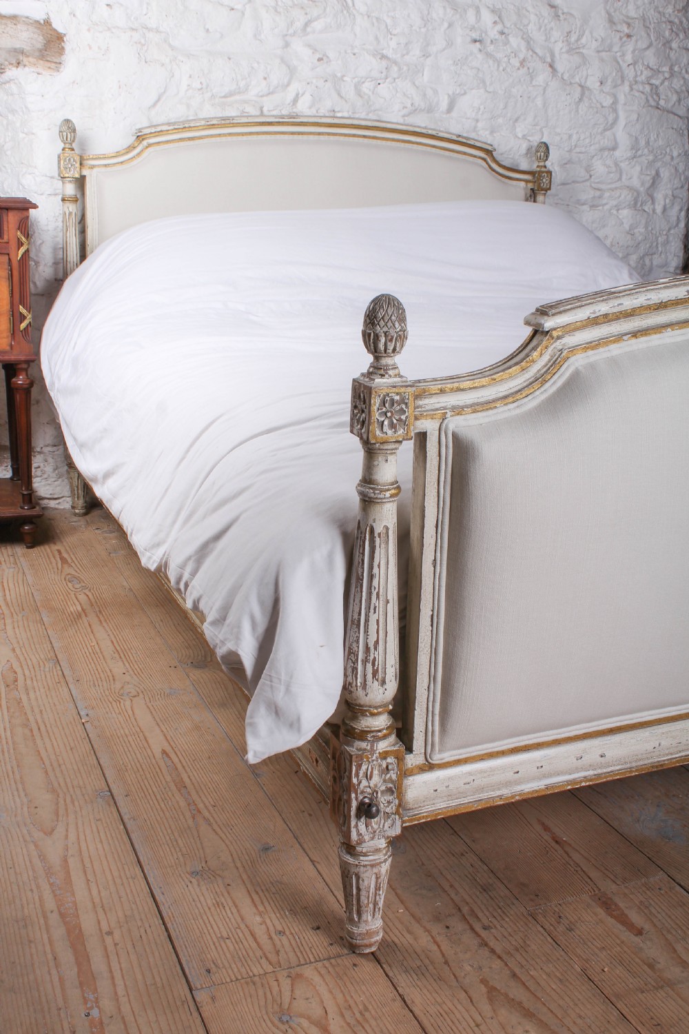 Aged gilded paint work newly upholstered French double bed  View VI