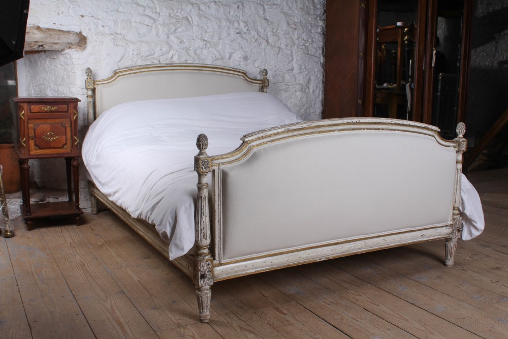 Aged gilded paint work newly upholstered French double bed  View VII