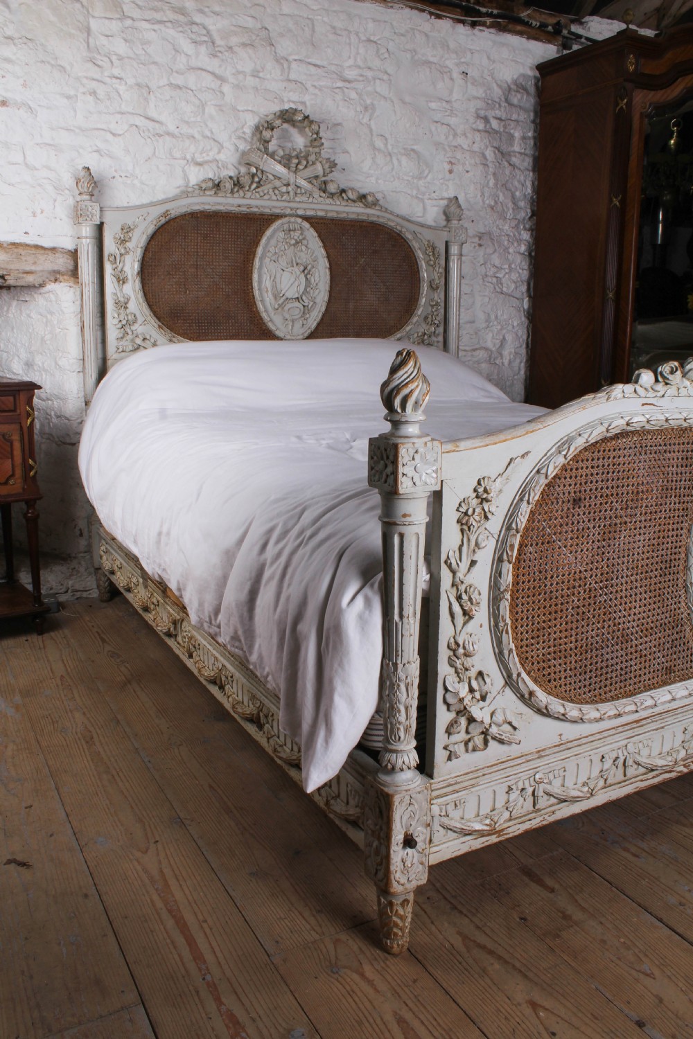 Spectacular French carved and caned European king size bed View VII