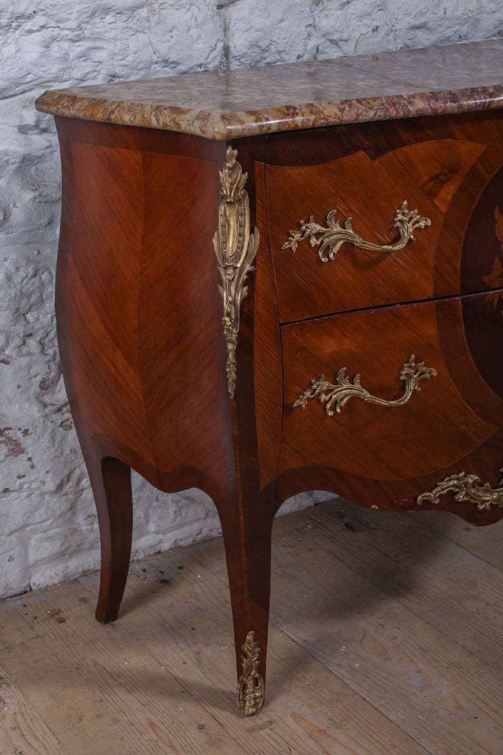Lovely French bombe front commode chest of drawers View III