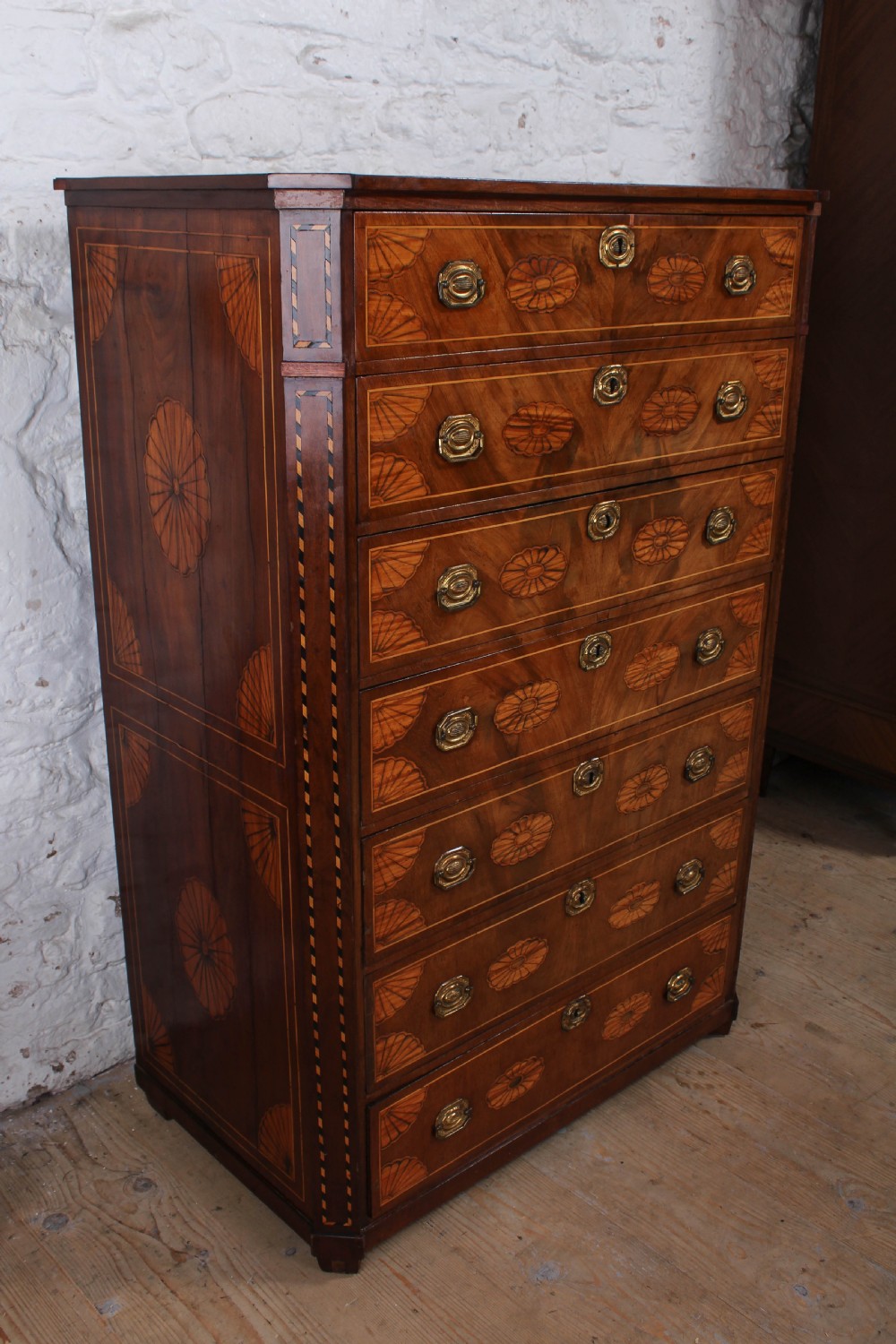 Handsome late 18th century Dutch marquetry tallboy chest of drawers 