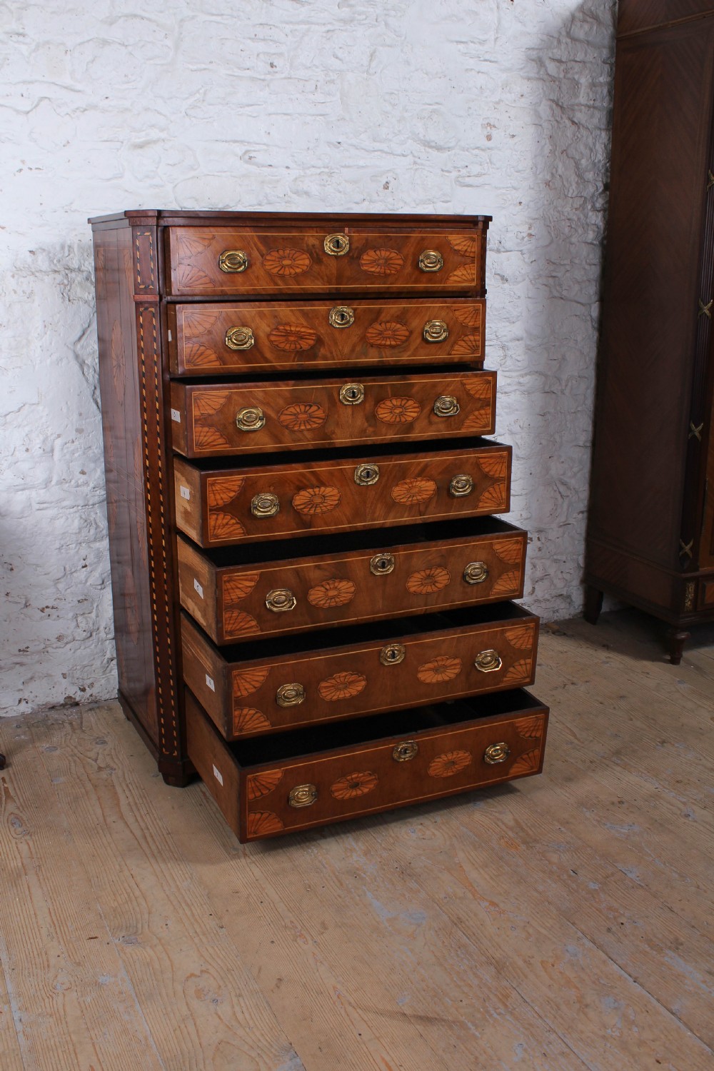 Handsome late 18th century Dutch marquetry tallboy chest of drawers  View II